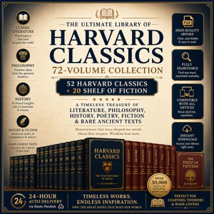May include: A digital collection titled The Ultimate Library of Harvard Classics 72-Volume Collection, featuring 52 Harvard Classics and 20 Shelf of Fiction books. The image displays book spines, icons for literature, philosophy, history, and poetry.