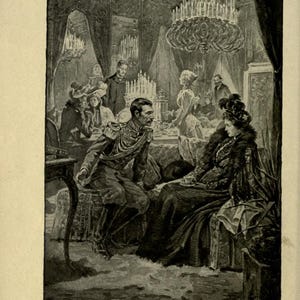 May include: An antique black and white illustration depicts a man in military attire pleading with a woman in an ornate room. A large chandelier hangs above, and other figures are in the background. The text reads "Vronsky Pleading with Anna."