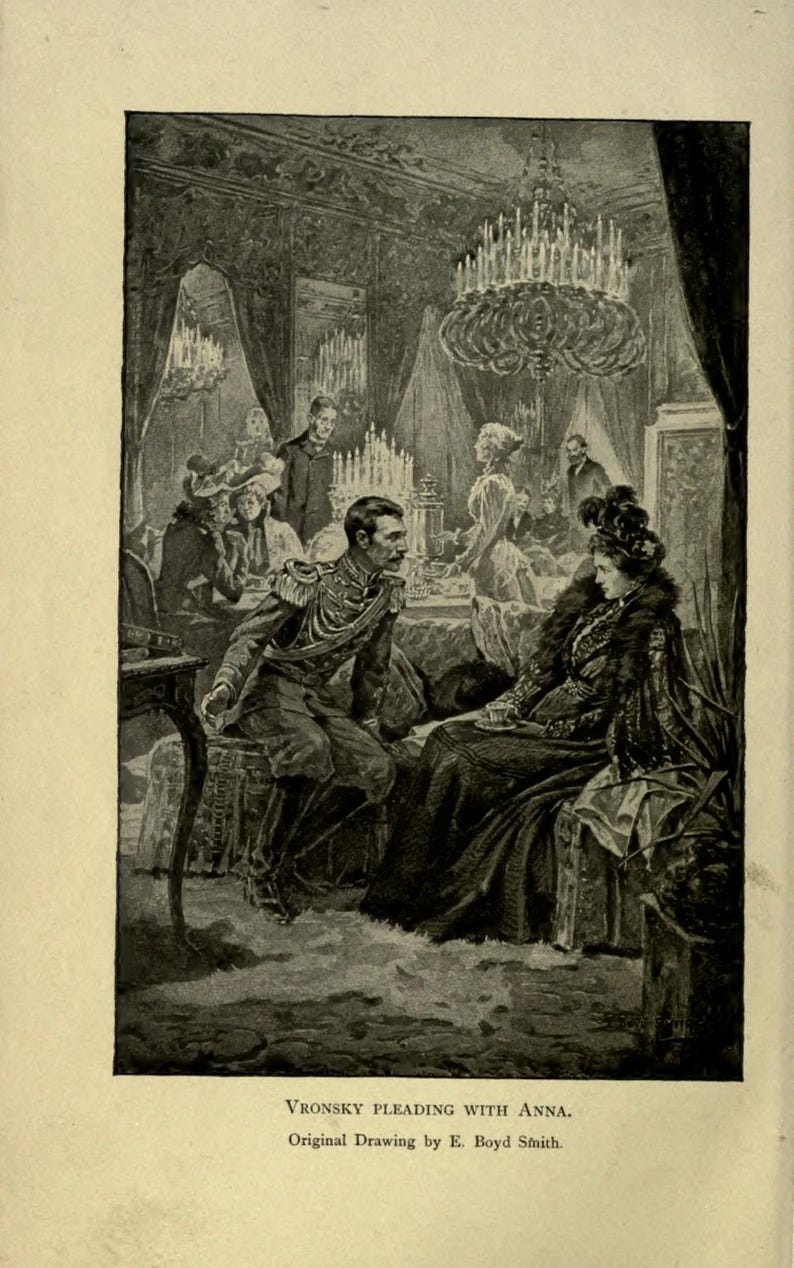May include: An antique black and white illustration depicts a man in military attire pleading with a woman in an ornate room. A large chandelier hangs above, and other figures are in the background. The text reads "Vronsky Pleading with Anna."