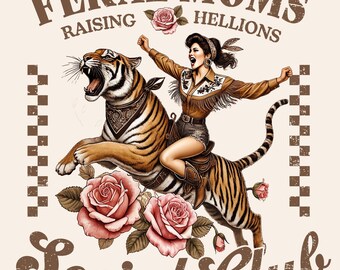 Feral Moms Raising Hellions Social Club PNG | Retro Tiger Mom Graphic (Digital Download)