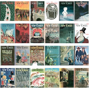 May include: A selection of vintage "The New Yorker" magazine covers. The illustrations depict diverse scenes, such as landscapes, urban settings, and social events. The colour schemes vary, with some covers displaying bright colours and others using more subdued tones.