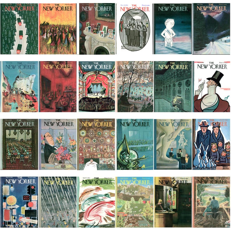 May include: A selection of vintage "The New Yorker" magazine covers. The illustrations depict diverse scenes, such as landscapes, urban settings, and social events. The colour schemes vary, with some covers displaying bright colours and others using more subdued tones.