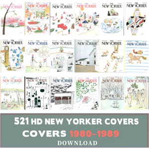 Può includere: Una collezione di 18 copertine vintage della rivista New Yorker degli anni '80, con diverse illustrazioni. Le copertine presentano varie scene, tra cui paesaggi urbani, nature morte e personaggi stravaganti. L'immagine include anche il testo "521 HD NEW YORKER COVERS COVERS 1980-1989 DOWNLOAD."