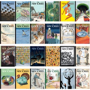 Może przedstawiać: Kolekcja okładek magazynu The New Yorker. Okładki zawierają r&oacute;żne ilustracje, w tym ptaki, ludzi i krajobrazy miejskie. Paleta kolor&oacute;w jest zr&oacute;żnicowana, niekt&oacute;re okładki prezentują żywe odcienie, a inne bardziej stonowane tony.