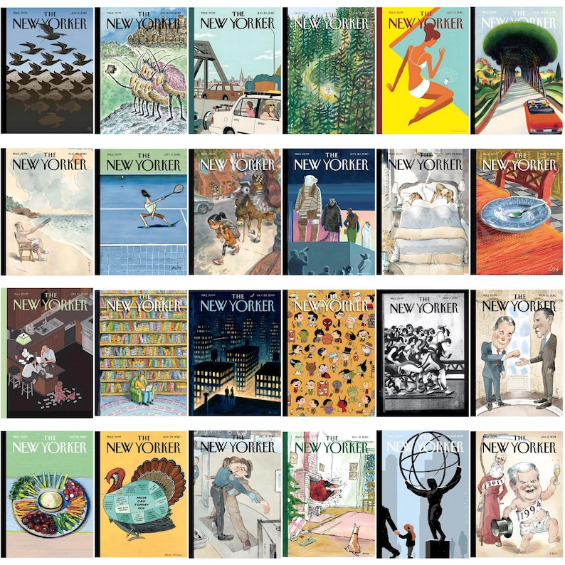 Może przedstawiać: Kolekcja okładek magazynu The New Yorker. Okładki zawierają r&oacute;żne ilustracje, w tym ptaki, ludzi i krajobrazy miejskie. Paleta kolor&oacute;w jest zr&oacute;żnicowana, niekt&oacute;re okładki prezentują żywe odcienie, a inne bardziej stonowane tony.