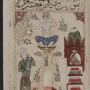 May include: An illustration from a historical manuscript. The image depicts figures in traditional attire, with Arabic script at the top. The scene includes a seated figure, a standing figure, and a structure with books.