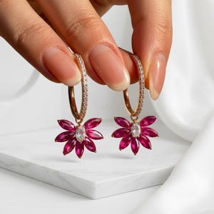 Ruby Flower Hoop Earrings, Silver Floral Drop Earrings, Red Gemstone Jewelry, Marquise Petal Dangle Earrings