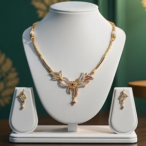 Könnte beinhalten: Ein goldfarbenes Halsketten- und Ohrring-Set, das auf einer weißen Büste präsentiert wird. Die Halskette hat ein florales Design mit klaren und roten Edelsteinen. Die Ohrringe spiegeln das Design der Halskette wider. Der Schmuck wird vor einem grünen Hintergrund präsentiert.