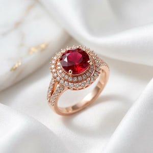 Könnte beinhalten: Ein Ring aus Roségold mit einem großen, runden, tiefroten Mittelstein, der von einem doppelten Halo aus kleinen, klaren, funkelnden Steinen umgeben ist. Die Ringschiene ist geteilt und mit weiteren kleinen Steinen besetzt.