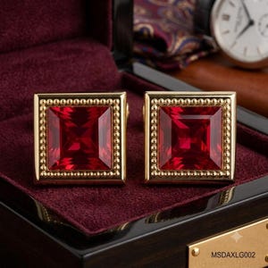 Ruby Cufflinks for Men, Square Cut Red Ruby Stone Cufflinks, Sterling Silver Cuff Links, Gold Tone Finish, Elegant Formal Gift