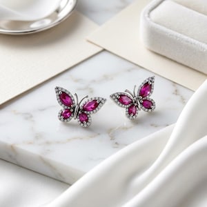 Ruby Butterfly Earrings, Silver Stud Earrings, Marquise Red Gemstone Jewelry