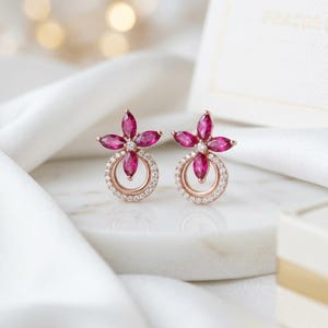 Ruby Flower Drop Earrings, Silver Floral Dangle Earrings, Red Gemstone Jewelry, Elegant Gift for Her
