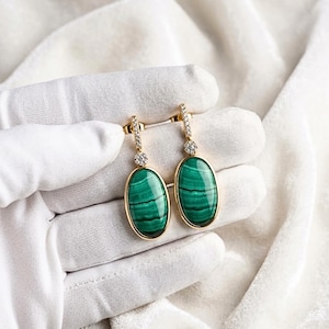 Natural Malachite Teardrop Earrings, 925 Sterling Silver Gold Plated Earrings, Green Malachite Gemstone Dangle Earrings,