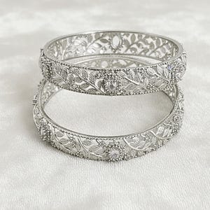 Elegant Silver Tone Floral CZ Bangles | Bridal & Party Wear Indian Jewelry | Traditional Leaf Design Kada Set