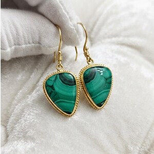Natural Malachite Teardrop Earrings, 925 Sterling Silver Gold Plated Earrings, Green Malachite Gemstone Dangle Earrings,