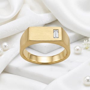 Moissanite Ring, Gold Plated Silver Ring, Rectangular Stone Signet Ring, Wide Geometric Band