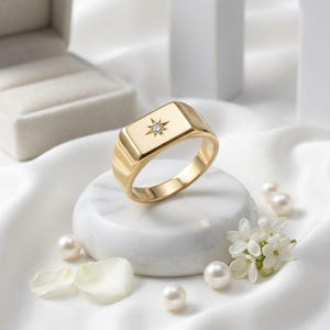 Moissanite Ring, Gold Plated Silver Ring, Starburst Signet Ring, Rectangular Geometric Band