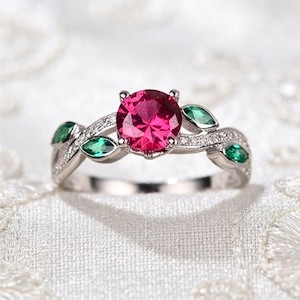 Natural Ruby & Lab Emerald Ring, 925 Sterling Silver Leaf Ring, Floral Gemstone Ring, Handmade Statement Ring, Gift for Her