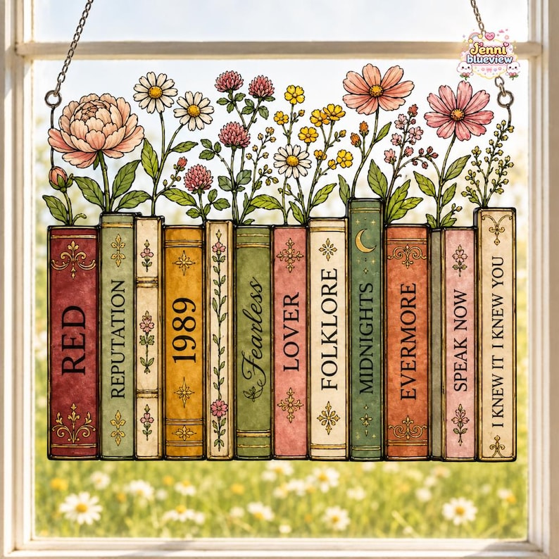 Taylor Inspired Album Bookshelf Suncatcher, Acrylic Window Hanging Decor, Swiftie Era Gift, TS Merch Gift For Fan 02 image 1