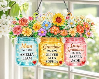 Personalized Mom Grandma Great Grandma Suncatcher, Birth Flower Mason Jar Gift, Mother's Day 2026 Gift, Gift For Mom, Family Keepsake