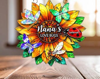 Grandma's Love Bugs Sunflower Personalized Acrylic Suncatcher, Sentimental Mother's Day Gift for Mom, Wife, Grandma, Loving Gift Mom 02
