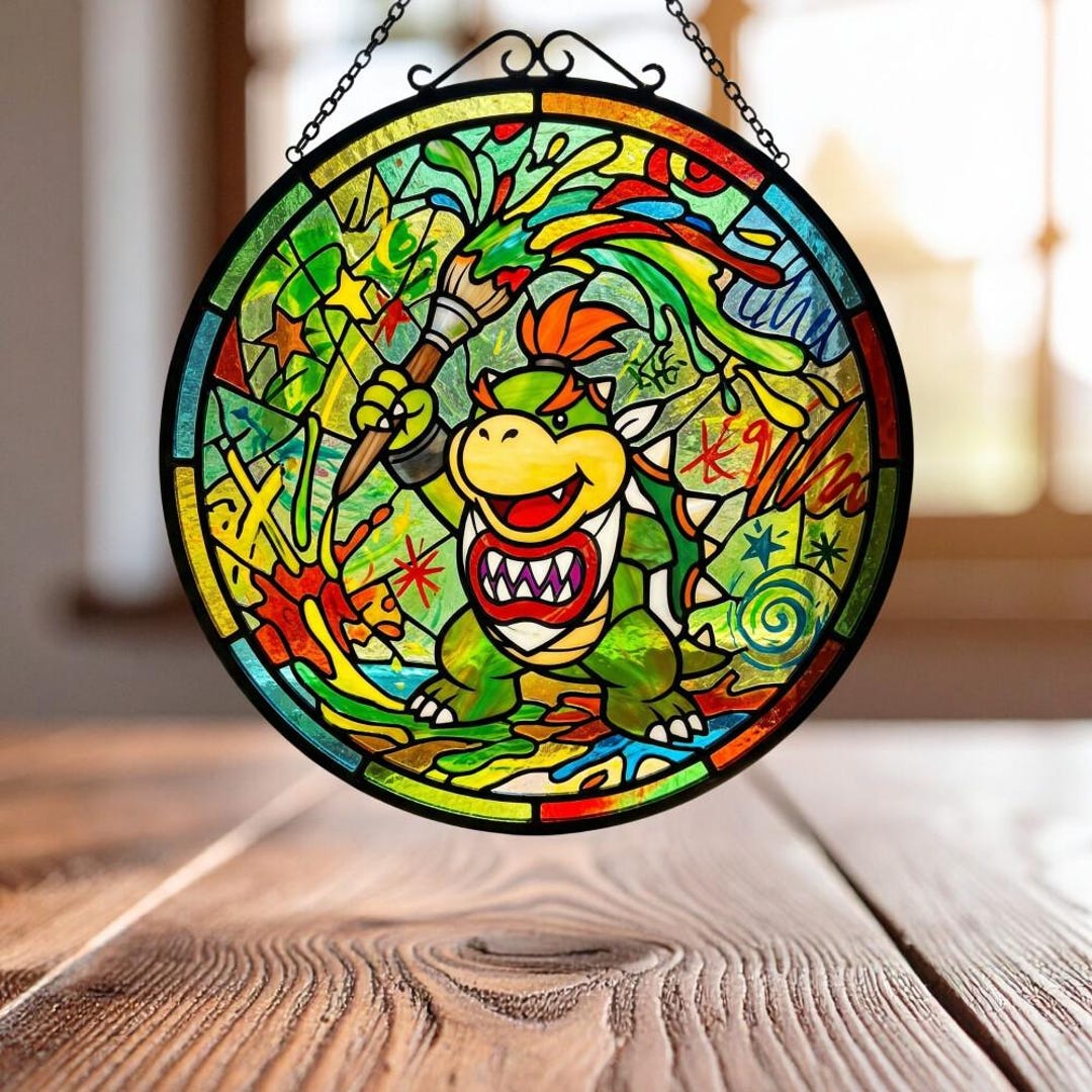 Bowser Window Super Mario Bowser Jr. Magic Paintbrush Stained Glass Suncatcher, Mario ...