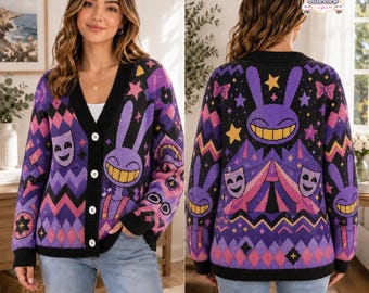 L'incroyable cardigan Digital Circus Jax, cardigan Digital Circus en tricot, cardigan en tricot avec personnage de dessin animé, cadeau fan Tadc, cadeau pour elle 05