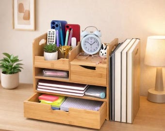Organizador de escritorio expandible de bambú con cajones, soporte para archivos ajustable y almacenamiento de escritorio de 4 niveles.
