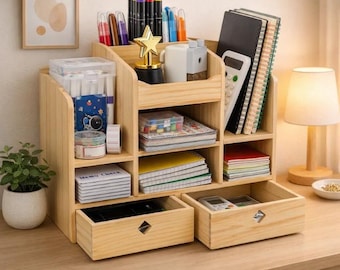 Organizador de escritorio de madera de pino con cajones – Estante para oficina y maquillaje