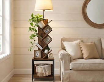 Lámpara de pie rústica con forma de árbol y armario de almacenamiento, estantería de 8 niveles.