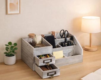 Organizador de escritorio de madera envejecida, almacenamiento de oficina estilo granja con cajones.