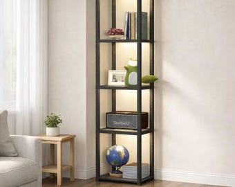 Lámpara de pie moderna con estante de cristal, estantería de 5 niveles, decoración con control remoto inteligente
