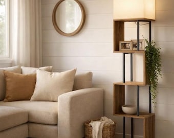 Lámpara de pie en forma de S con estantes, moderna lámpara de almacenamiento para libros, decoración rústica.