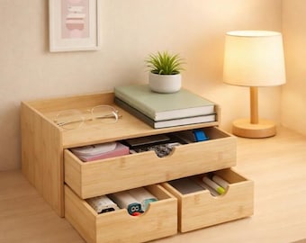 Organizador de escritorio de bambú con 3 cajones, solución de almacenamiento apilable.