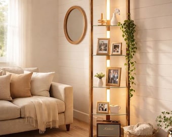 Lámpara de pie moderna con estante de esquina, vitrina de cristal de 5 niveles, iluminación LED regulable.