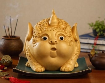 Escultura de Pixiu de madera tallada a mano, estatua de buena suerte del Feng Shui