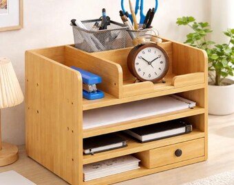 Natural Bamboo Desk Organizer with Drawers – Office Storage File Holder