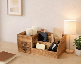 Organizador de escritorio rústico de madera con cajones – Estante de almacenamiento de escritorio estilo granja