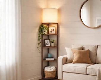 Lámpara de pie esquinera moderna con estantes de 5 niveles, lámpara de pie alta de madera, iluminación minimalista para almacenamiento.