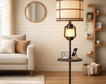 Lámpara de pie rústica de estilo granja con mesita auxiliar, estilo farol industrial, pantalla de lino.