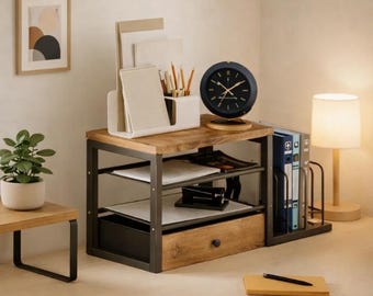 Organizador de escritorio rústico de madera con cajones y compartimentos para archivos – Estantería de almacenamiento para oficina