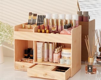 Organizador de maquillaje de bambú con cajones: Soporte para productos de cuidado facial y labiales.