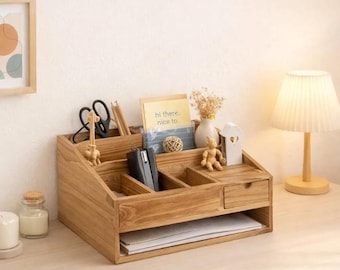 Organizador de escritorio rústico de madera con cajón – Accesorios para guardar material de oficina y artículos de papelería