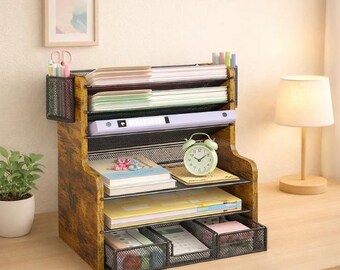 Organizador de escritorio de 6 niveles con cajón, soporte de malla de madera para archivos, bandeja para papel, organizador de escritorio, portalápices y estante de trabajo.