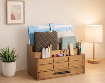 Organizador de escritorio de madera maciza con cajón – Archivador y soporte para correo de estilo rústico para oficina