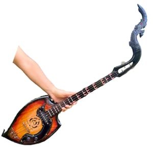 May include: A traditional Thai Phin guitar with a curved neck and a dragon head carving. The body features a sunburst finish with a floral design. The fretboard has red accents. The instrument is held by a person.