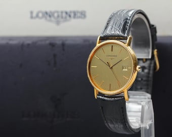 N MINT w/Box LONGINES L4.636.2 33mm Gold Dial Date Quartz Men's Watch