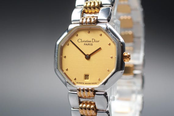 Near MINT Christian Dior 48.203 25mm Gold Dial Date Quartz Women's Watch JAPAN
