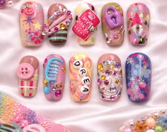 Hand-Painted Press On Nails | 3D Diary, Hair Clip Accents, Y2K Kidcore Style