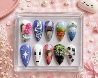 Fantasy Spirit Hand-Painted Press-On Nails – 3D Art Set, Kawaii Characters, Cherry Chrome